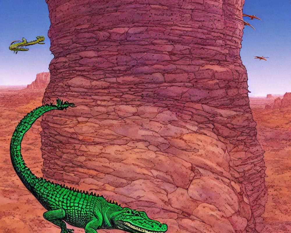 Detailed illustration: Green alligator, cylindrical rock, flying lizards in desert