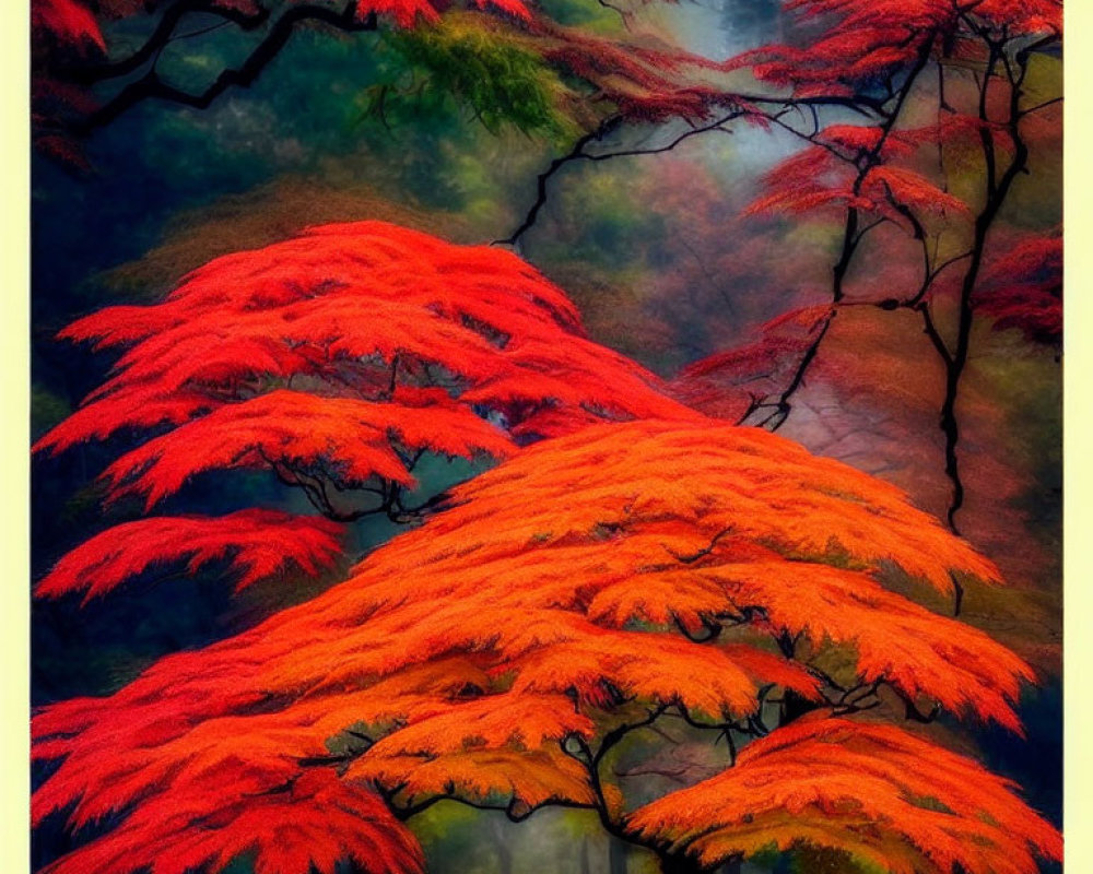 Vivid red-orange Japanese maple tree in misty forest scene