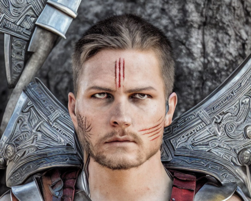 Man in war paint and medieval armor with two swords in rocky setting