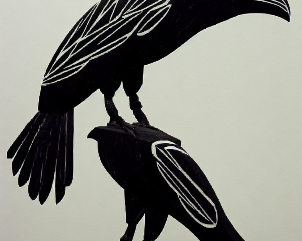 Black Raven Silhouette with White Intricate Patterns Perched on Flat Surface