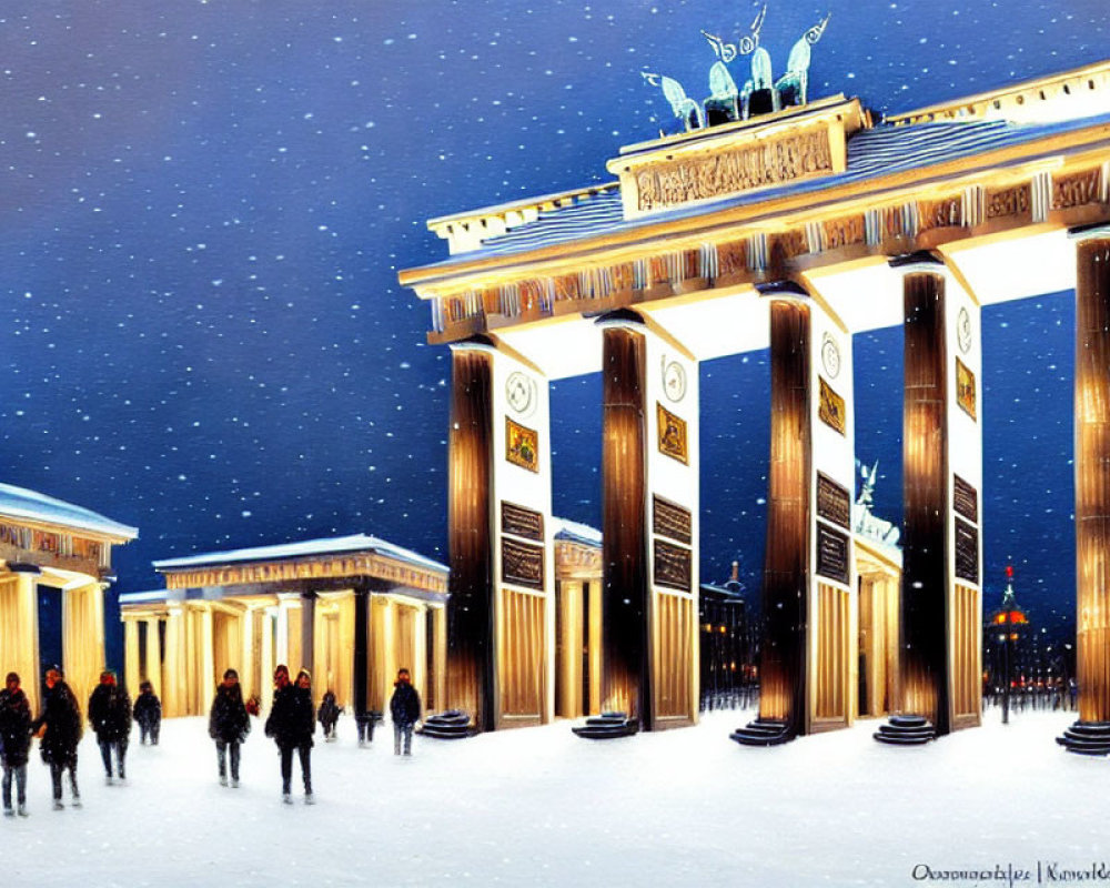 Nighttime scene of Brandenburg Gate with snowfall and people walking.