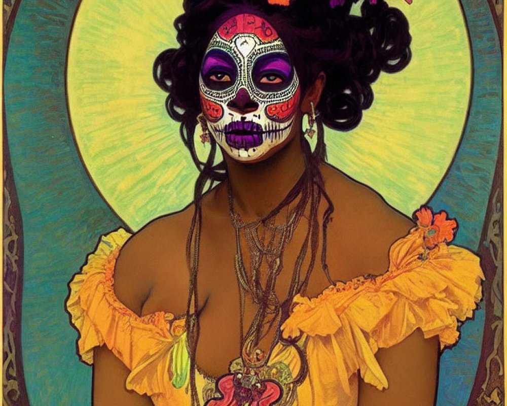 Woman in Dia de los Muertos face paint with floral headdress and yellow dress in circular background