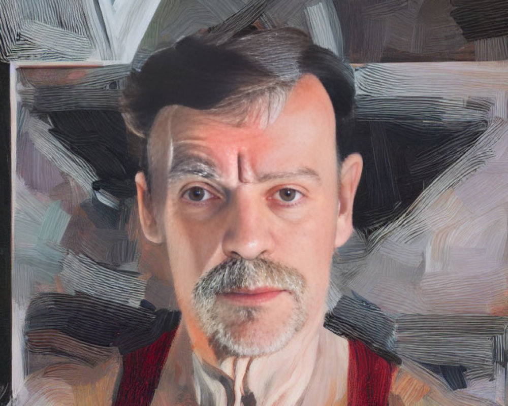 Digitally Altered Portrait of Man with Mustache Against Abstract Brushstrokes