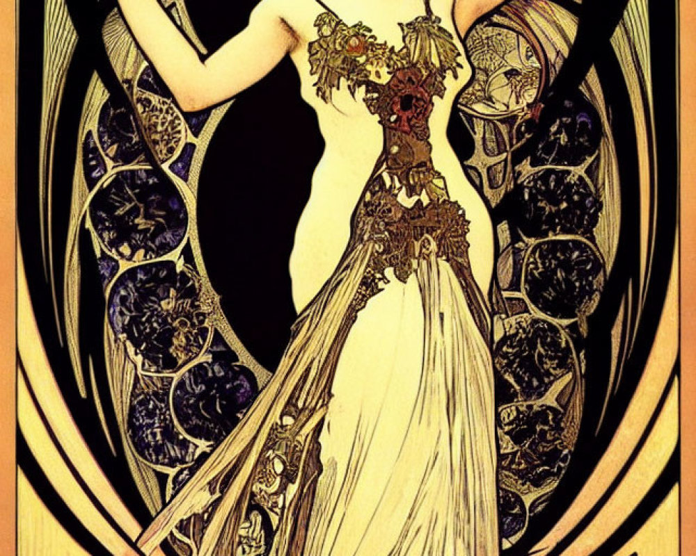 Elongated Art Nouveau Woman Illustration with Floral Headpiece