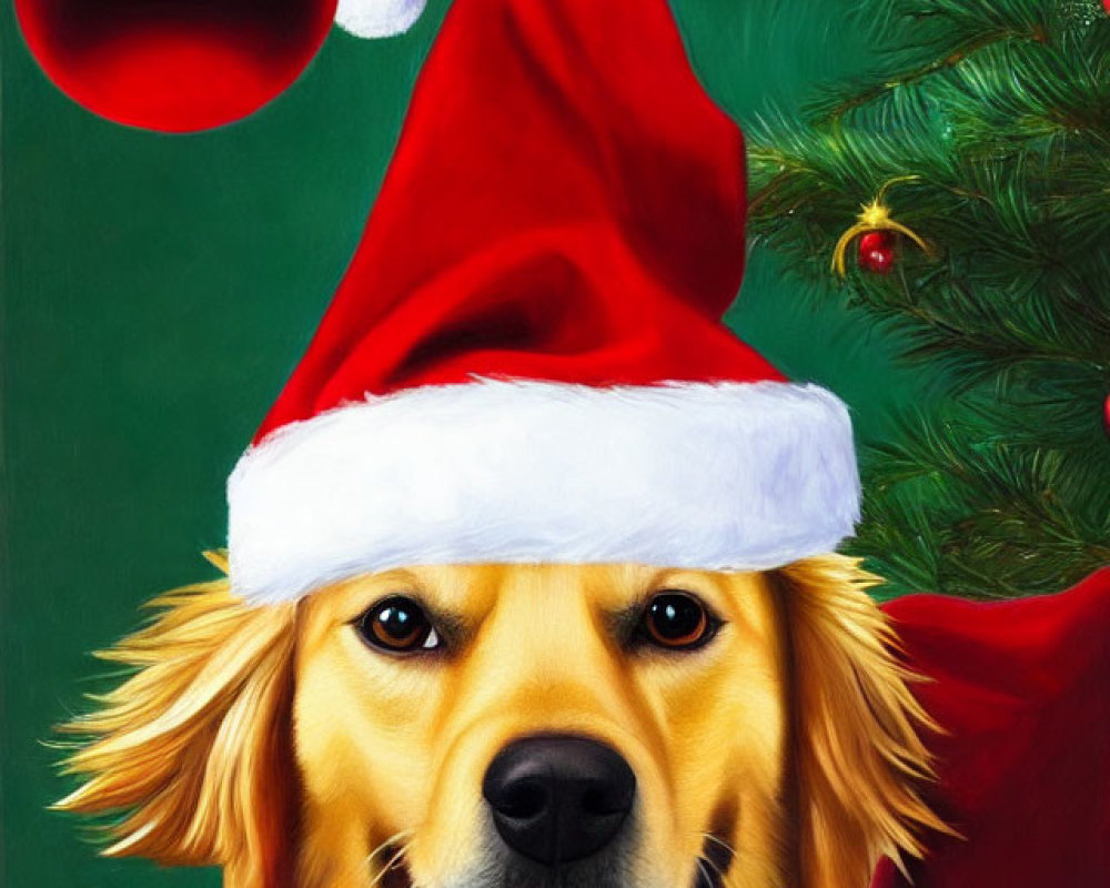 Smiling Golden Retriever in Santa Hat by Christmas Tree