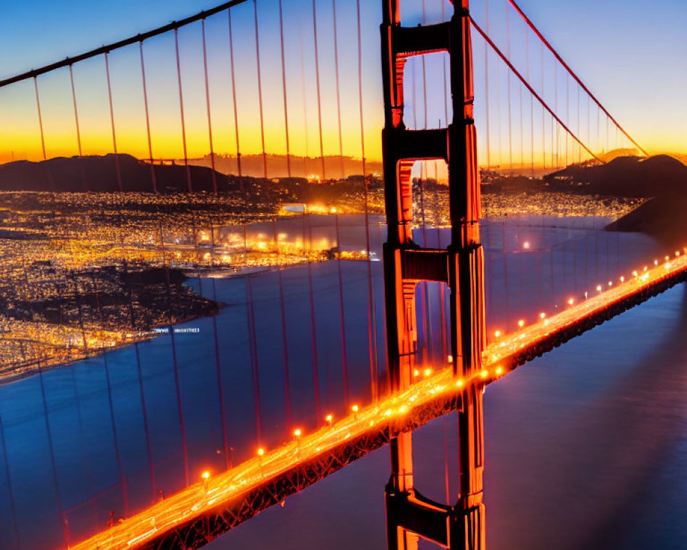 Iconic Golden Gate Bridge: Dusk Lights Reflecting on Water