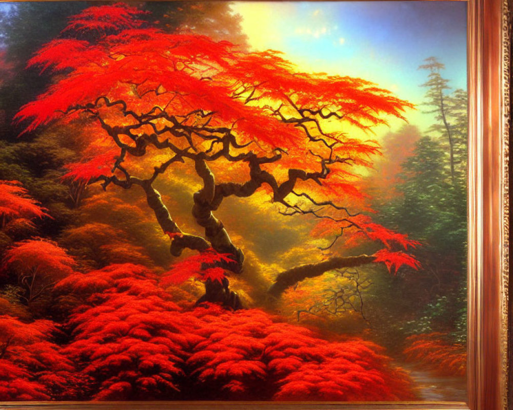 Framed painting: Vibrant autumn scene with red foliage and warm sunlight