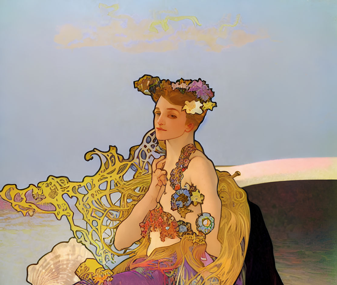 Woman portrait with Art Nouveau style and floral chair on sunset background