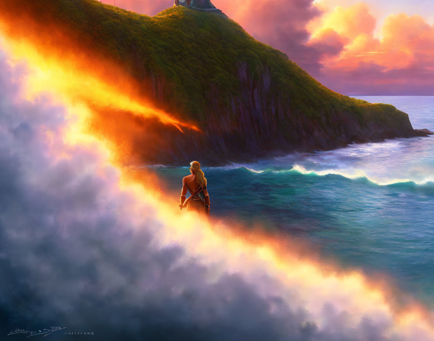 Person sitting on cliff overlooking ocean with fiery sunset and lava flow