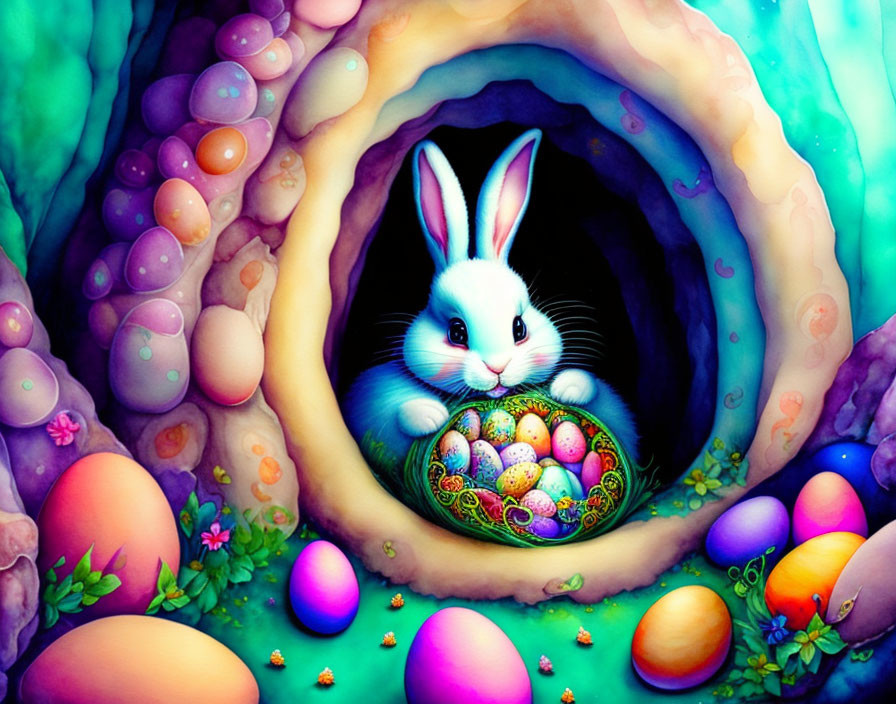 Colorful Easter rabbit illustration in vibrant burrow with decorated eggs.