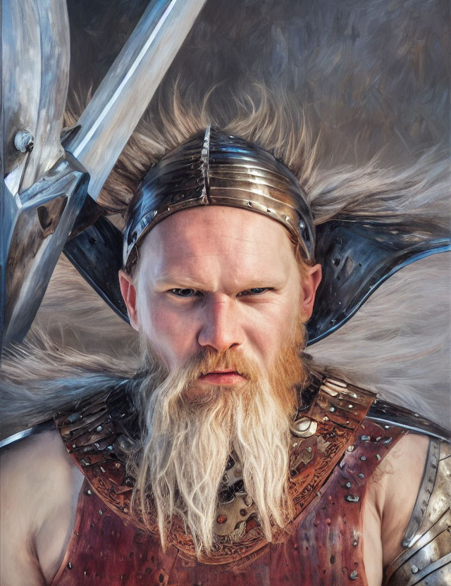 Bearded warrior in metal helmet and armor with crossed swords, displaying fierce gaze