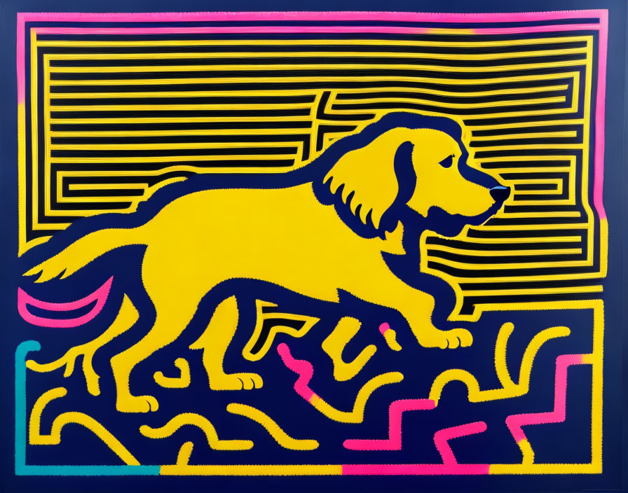 Colorful Pop Art Style Image: Golden Dog on Yellow and Black Background with Pink and Blue Pattern