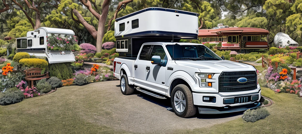 White Pickup Truck with Camper Shell Parked in Lush Garden Driveway