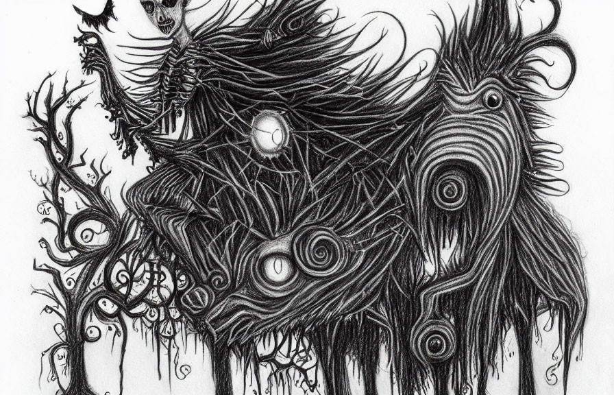 Detailed monochrome drawing of eerie skeletal figure with elongated limbs and swirling patterns.