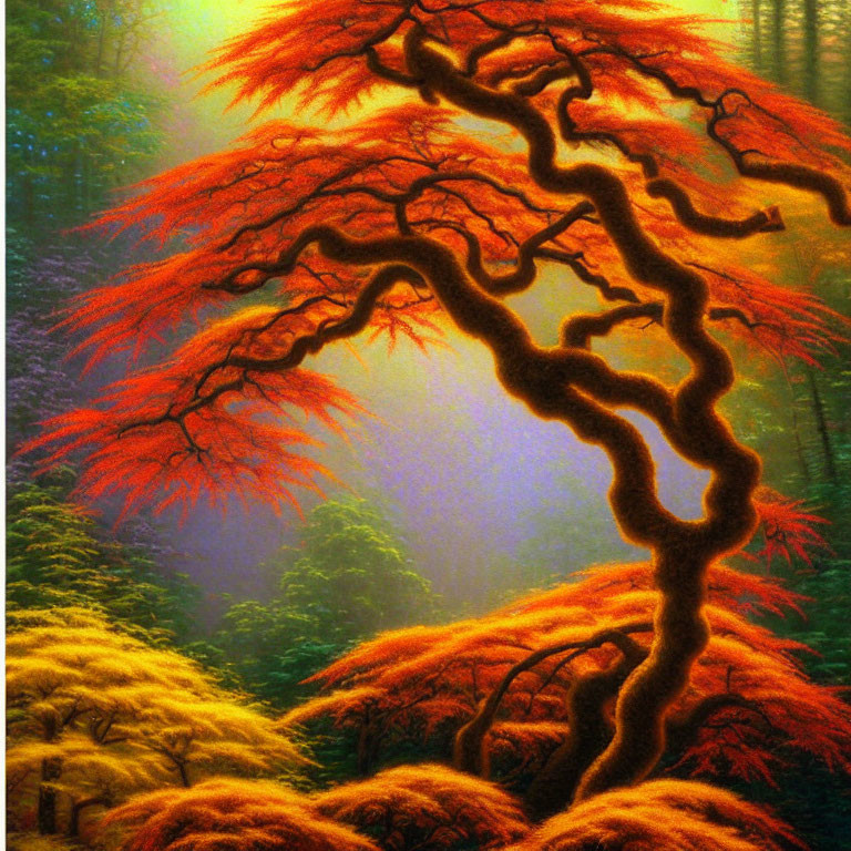 Vivid painting of twisted tree with fiery orange leaves in golden autumn forest