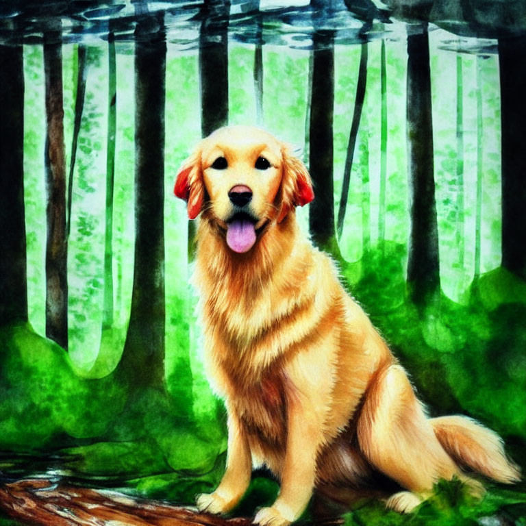 Happy golden retriever in vibrant green forest with sunlight filtering through tall trees