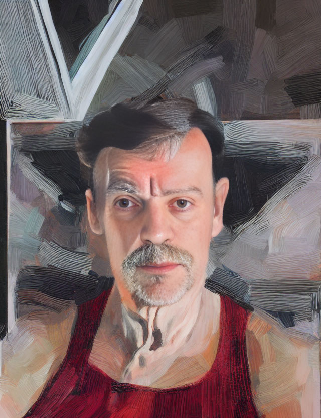 Digitally Altered Portrait of Man with Mustache Against Abstract Brushstrokes