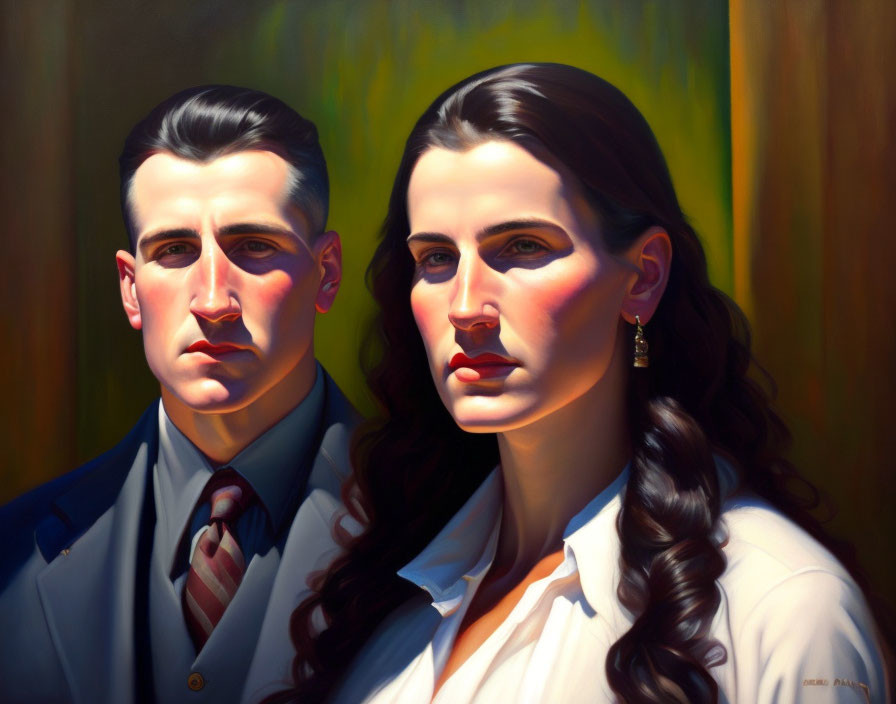 Hyperrealistic Painting of Stoic Man and Woman in Vibrant Lighting