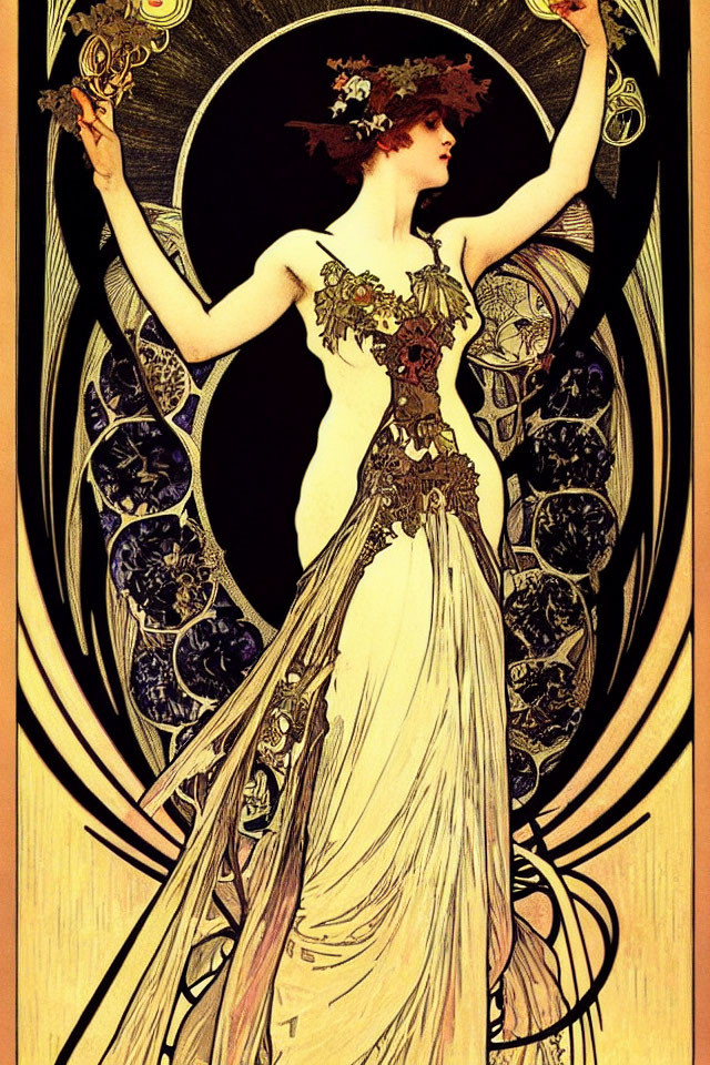 Elongated Art Nouveau Woman Illustration with Floral Headpiece