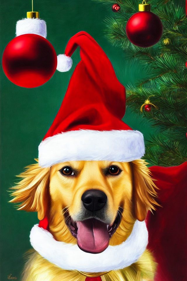 Smiling Golden Retriever in Santa Hat by Christmas Tree