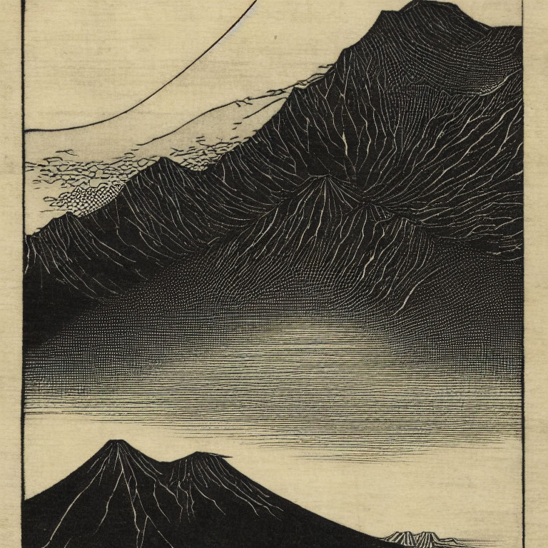 Detailed Woodblock Print of Serene Mountain Landscape