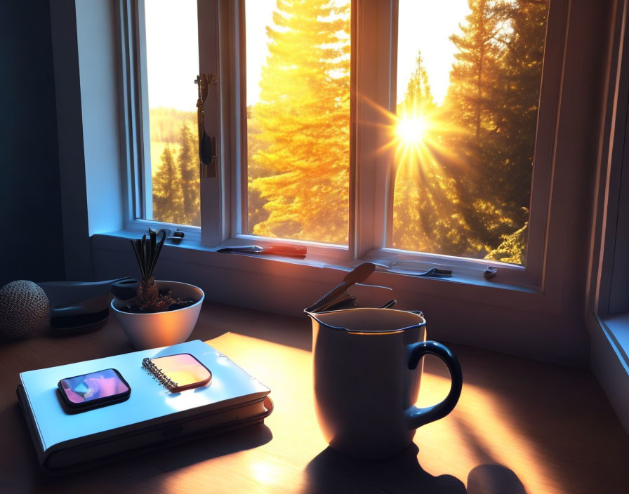 Sunrise workspace with coffee mug, smartphone, notebook, plant, forest view