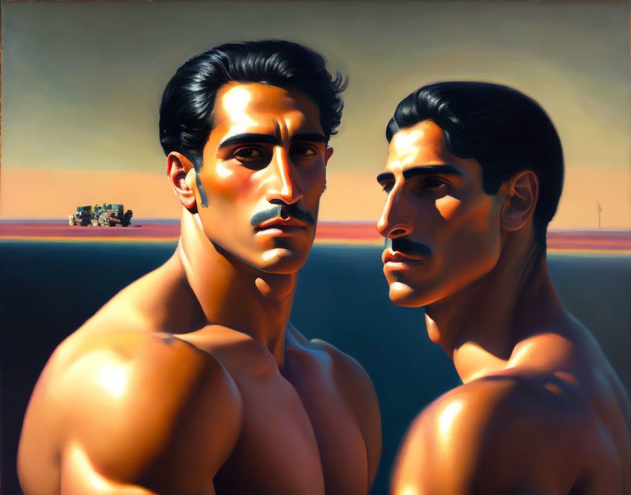 Muscular men side by side against gradient backdrop with distant car