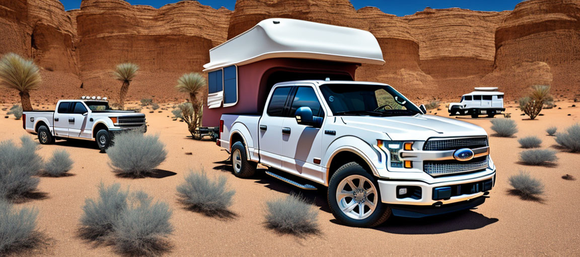 Desert landscape with two pickup trucks and camper shell under clear skies