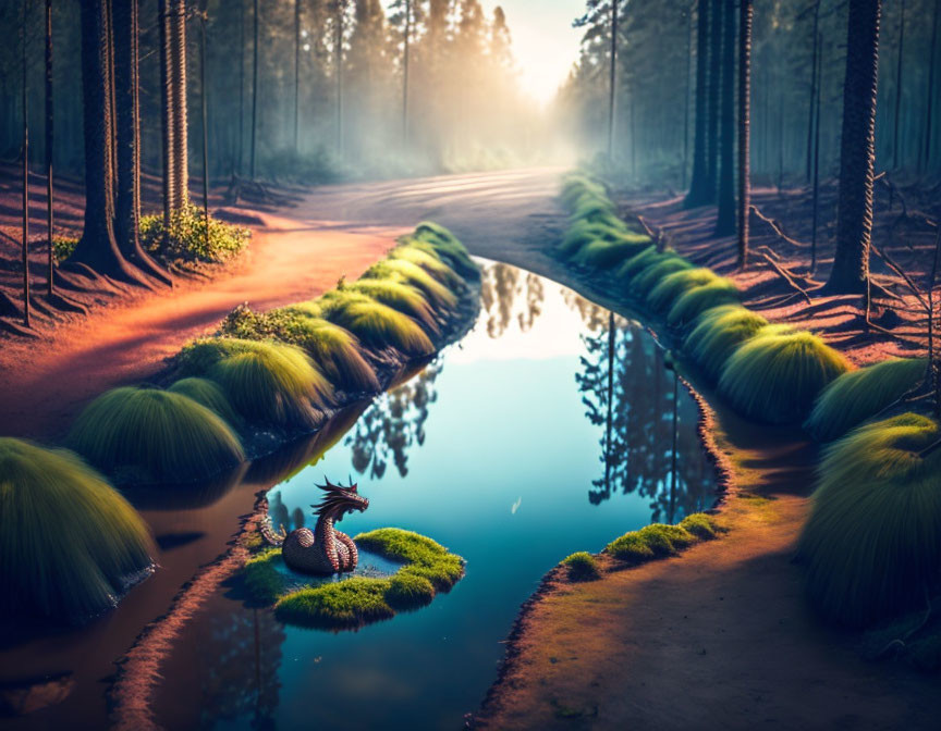 Tranquil Forest Scene with Reflective Pond