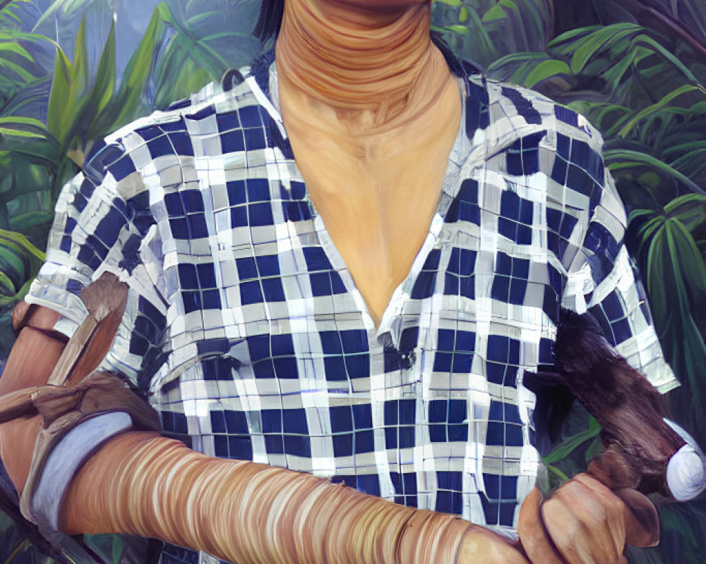 Person in traditional face paint with wooden object in lush jungle wearing plaid shirt