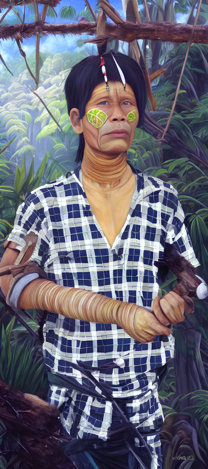 Person in traditional face paint with wooden object in lush jungle wearing plaid shirt