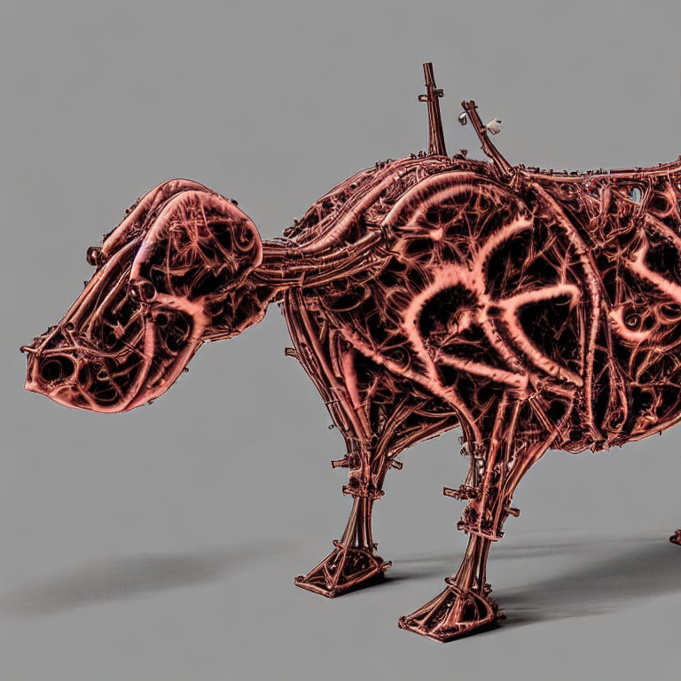 Intricate 3D-rendered mechanical dog structure in red hues