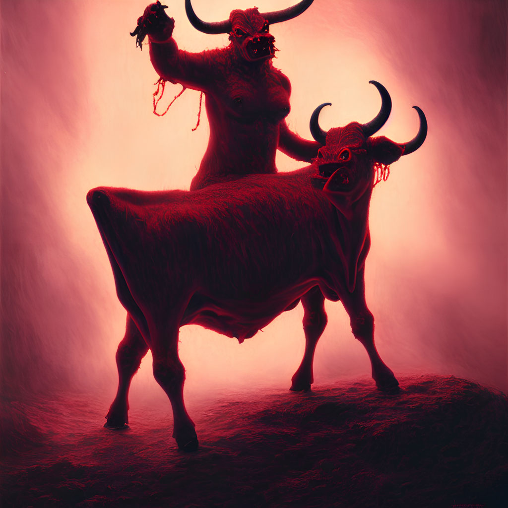 Stylized humanoid figure with horns riding a bull in red ambiance