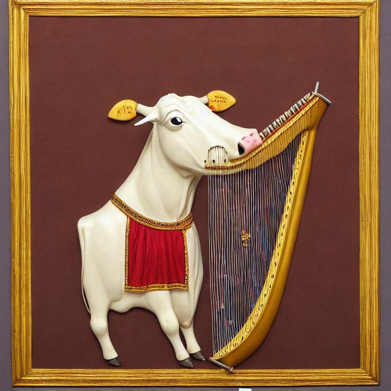 Whimsical cow art: cow in red and gold outfit playing harp