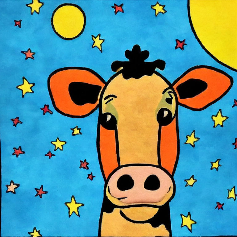 Cartoon Cow with Colorful Sky and Sun in Background