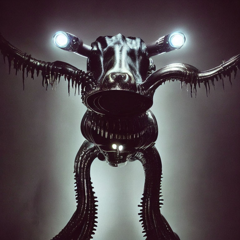 Surreal robotic sculpture with shiny black finish and bull-like head