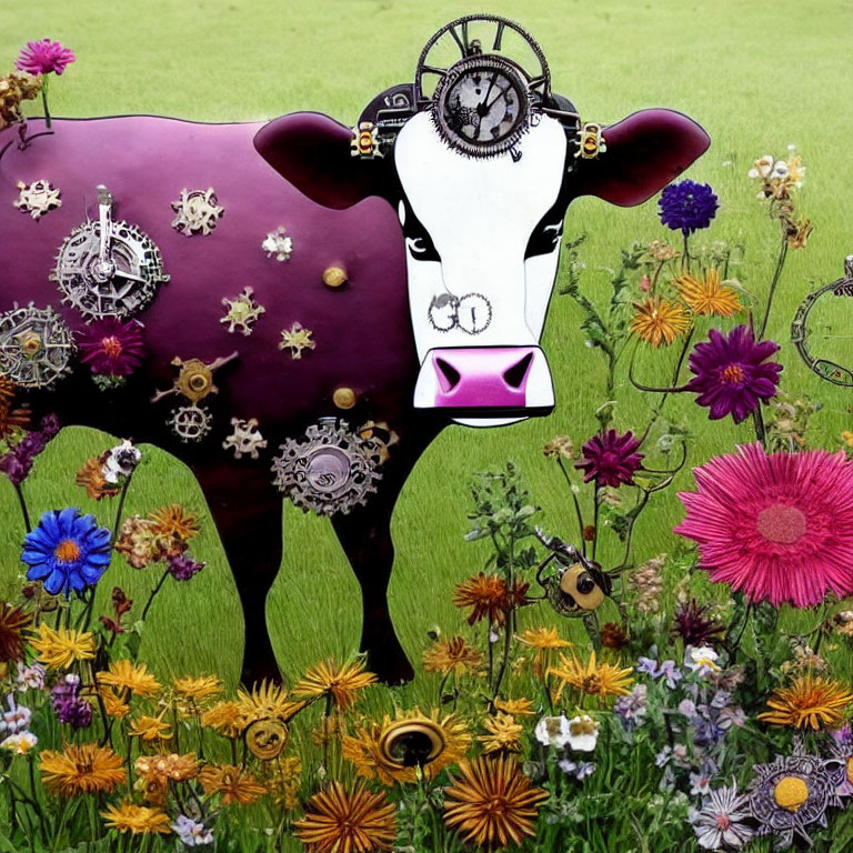 Steampunk cow with clock gears on vibrant floral background