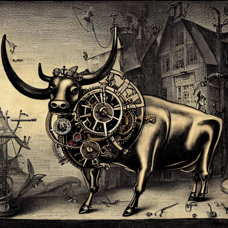 Steampunk bull with mechanical gears in a vintage cityscape