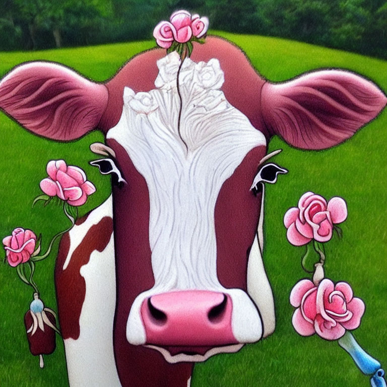 Vibrant cow face with pink and white roses on green backdrop
