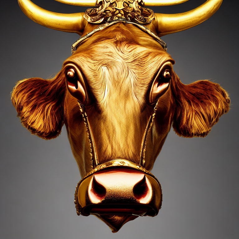 Golden bull bust with ornate horns and headpiece on dark background