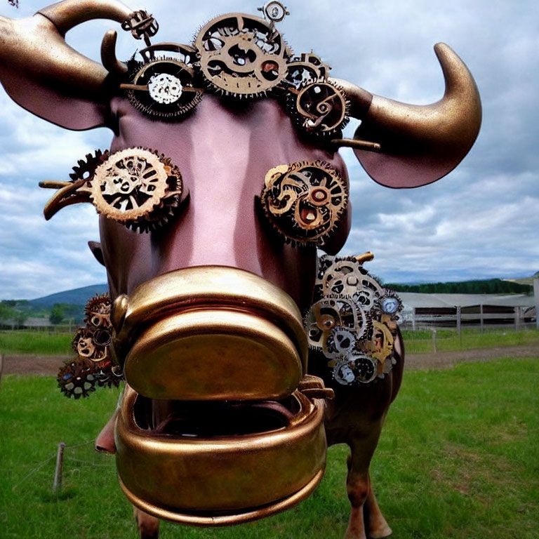 Steampunk bull sculpture with mechanical gears under cloudy sky