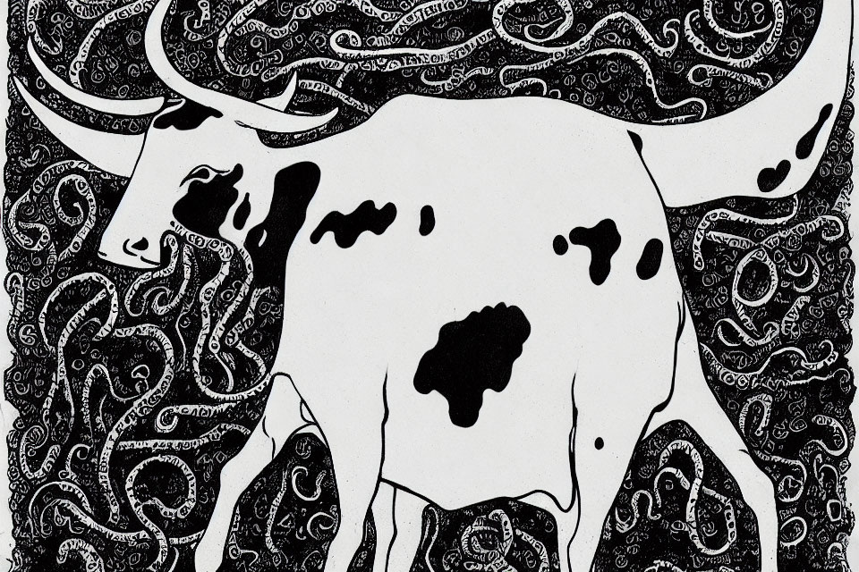 Detailed black and white cow illustration with paisley and floral patterns