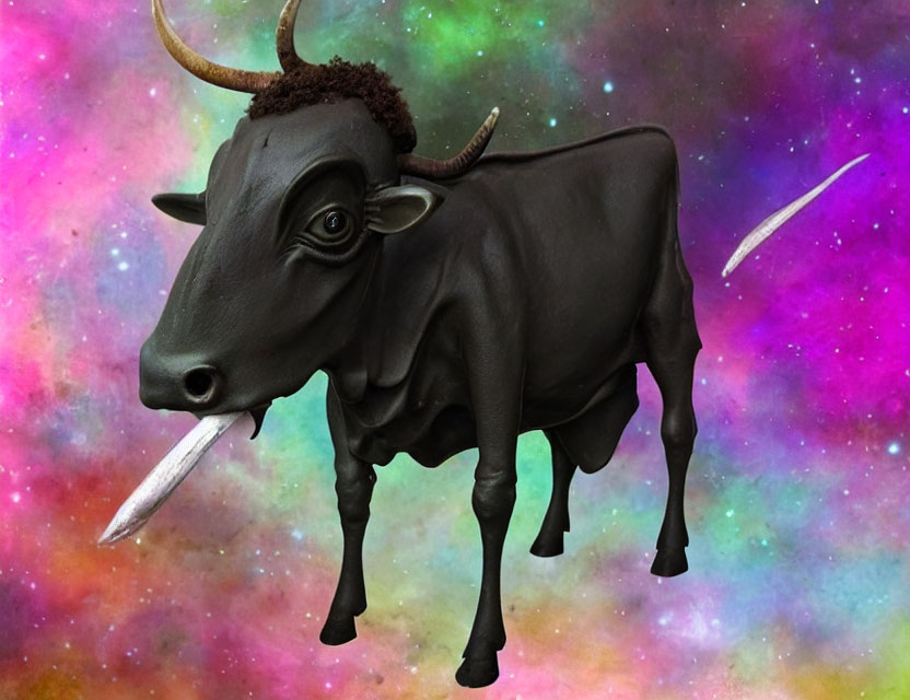 Dark bull with long, straight horns and human-like eye in cosmic nebula.