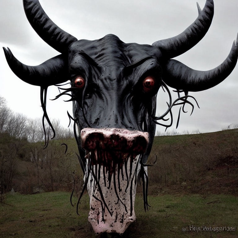 Dark, Sinister Bull with Glowing Red Eyes in Gloomy Field