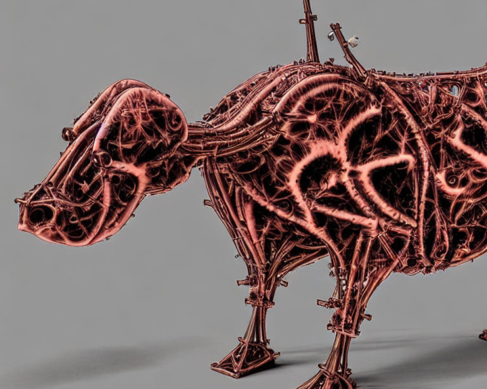 Intricate 3D-rendered mechanical dog structure in red hues