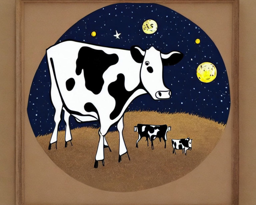 Whimsical painting of large cow under starry sky