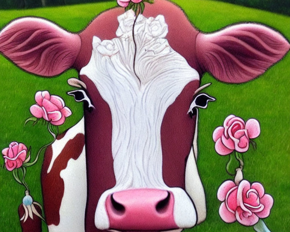 Vibrant cow face with pink and white roses on green backdrop