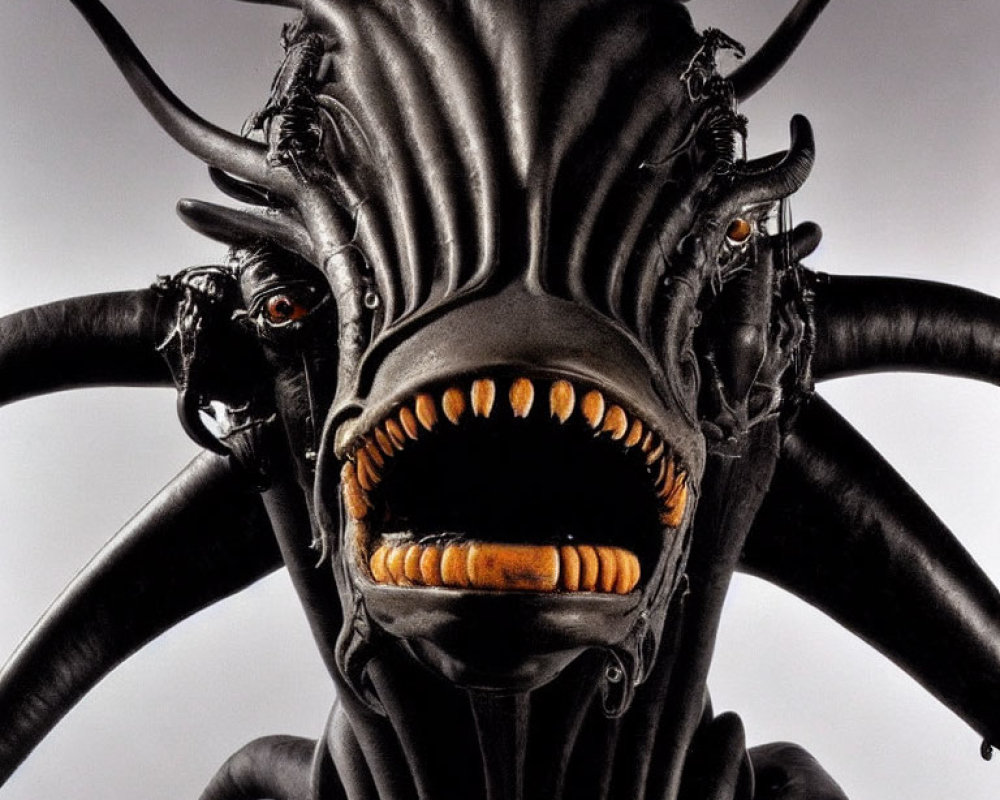 Detailed Close-Up of Black Alien Creature with Large Eyes and Horns