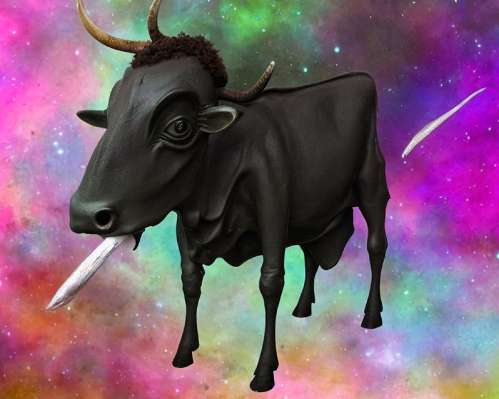 Dark bull with long, straight horns and human-like eye in cosmic nebula.