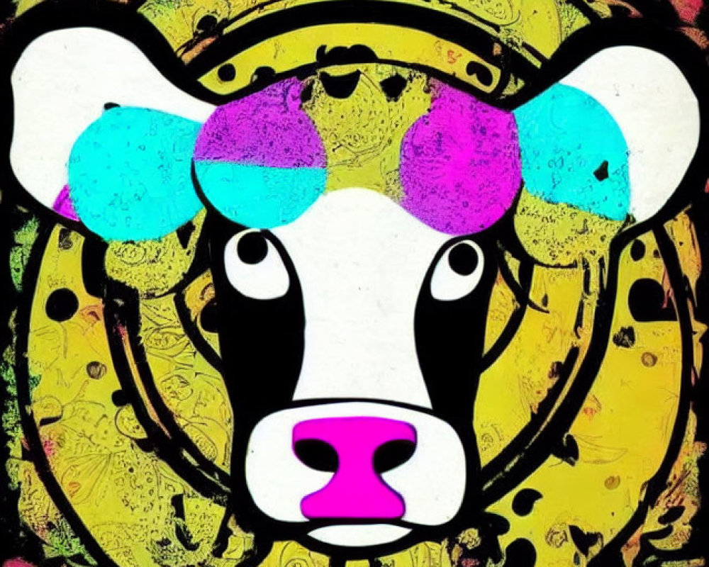 Vibrant abstract cow face graphic with colorful splashes on yellow background